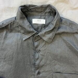 UNIQLO 100% Linen Button Down Shirt Men's Size Medium Grey Long Sleeve Casual